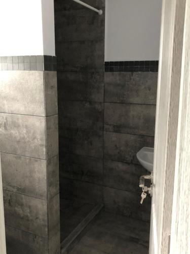 y baño con ducha, aseo y lavamanos. en Casa Balcescu - INCHIRIERE INTEGRALA, en Măngureni