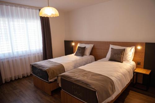 a hotel room with two beds and a window at Hôtel de L'Ours in Courroux