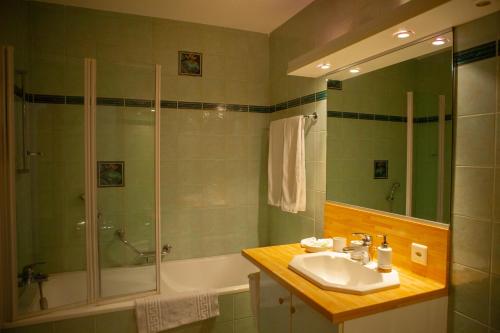 ein Bad mit einer Dusche, einem Waschbecken und einer Dusche in der Unterkunft Hôtel de L'Ours in Courroux