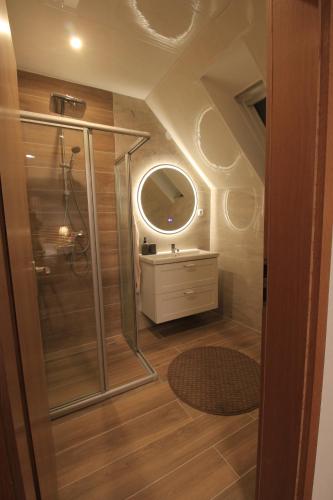 a bathroom with a shower and a sink and a mirror at Zimmer AsiaDreieck Pension in Lauterecken