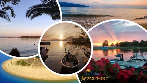 a collage of photos of a lake with a boat at Eltha Apartment in Keramotí