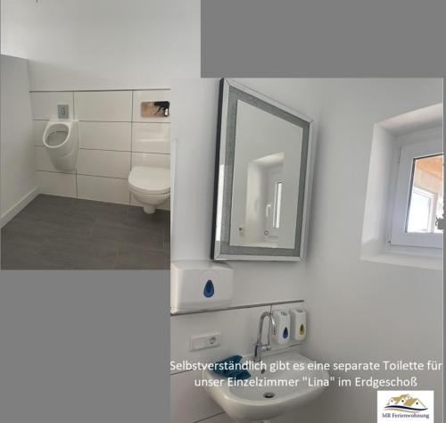 een badkamer met een toilet, een wastafel en een spiegel bij MR Ferienwohnung - Einzelzimmer Lina in Schellerten