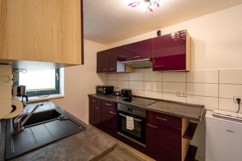 a kitchen with purple cabinets and a sink at Börde-Apartment 5 in Vahldorf