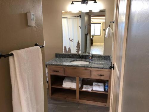 a bathroom with a sink and a mirror at Patios, Hot Tub, Yellowstone in Rea