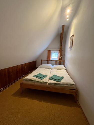 een slaapkamer met een bed met twee groene kussens erop bij Ubytování Sedlařík Mladé Buky in Mladé Buky