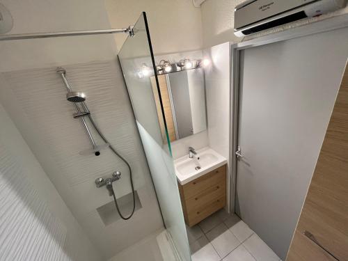 une petite salle de bain avec un lavabo et une douche dans l'établissement Les Gémeaux, à Balaruc-les-Bains