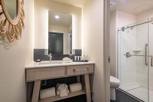 a bathroom with a sink and a toilet and a mirror at The Lodge 30A in Santa Rosa Beach