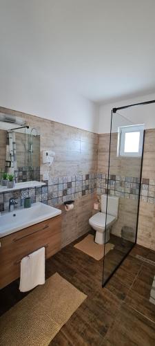 La salle de bains est pourvue d'une baignoire, de toilettes et d'un lavabo. dans l'établissement Cabana Floare de Colt 2, à Râșnov
