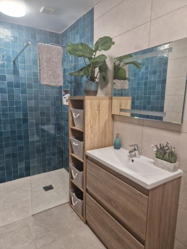 a bathroom with a sink and a shower at Ard Na Mara, Mullaghmore, Sligo in Mullaghmore