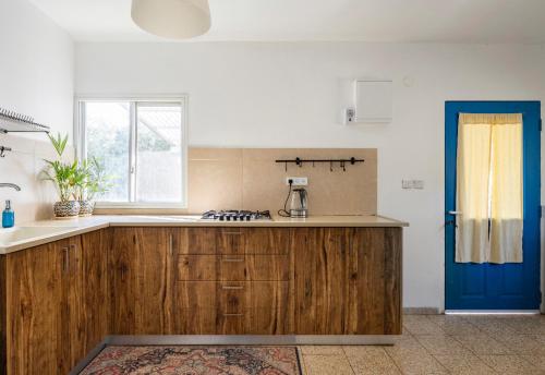 a kitchen with wooden cabinets and a blue door at Hollyday & vacation in Beit Hillel