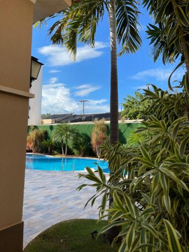 a view of a swimming pool with palm trees at Hotel Oeste Plaza in Andradina