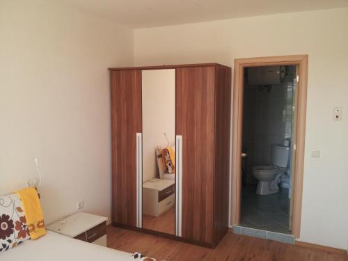 ソゾポルにあるSozopoli Hills Todorov Apartments B16のバスルーム(トイレ付)、木製キャビネットが備わります。