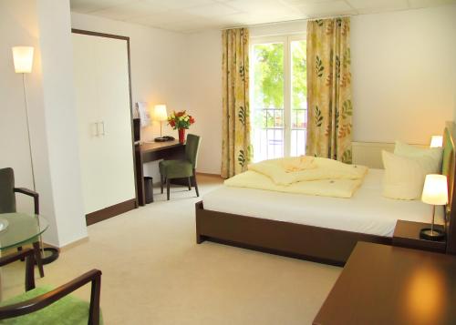 a bedroom with a bed and a desk and a window at Hotel Müritzterrasse in Röbel