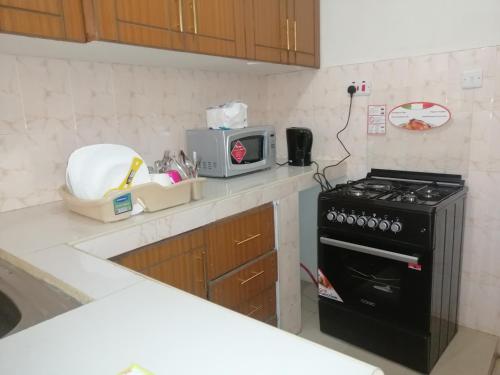 a kitchen with a stove and a microwave at NASH ISSAH 1BEDROOM APARTMENTS in Nakuru