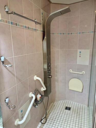 a bathroom with a shower with a sink and a toilet at Grand appartement 2 chambres 5 pers max, vue panoramique avec parking in Mulhouse
