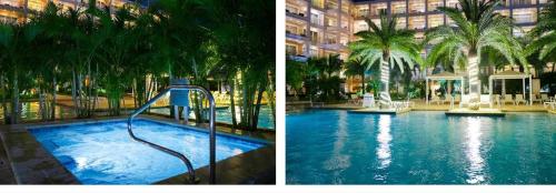 two pictures of a swimming pool in a city at Ocean View Penthouse in Palm-Eagle Beach