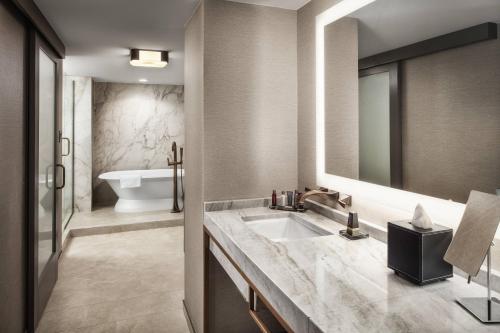 a bathroom with a sink and a mirror and a tub at Louisville Marriott Downtown in Louisville