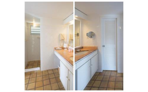 - deux photos d'une salle de bains avec lavabo et miroir dans l'établissement Alize D'Eden, à Saint Barthelemy