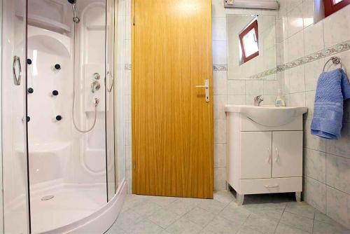 La salle de bains est pourvue d'une douche, de toilettes et d'un lavabo. dans l'établissement Holiday home in Otocec Kranjska Krain 26062, à Otočec