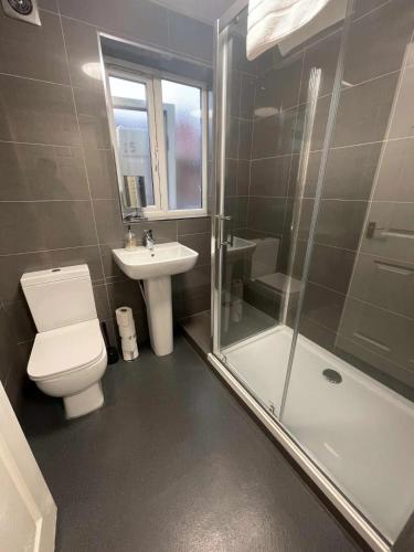 a bathroom with a toilet and a sink and a shower at Hosted By Ryan - 2 Bedroom Apartment in Liverpool