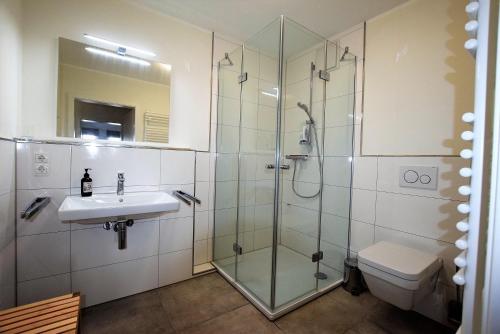 La salle de bains est pourvue d'une douche, d'un lavabo et de toilettes. dans l'établissement Meeresblick-Beachstart-Haus-2-WE-15, à Hohwacht