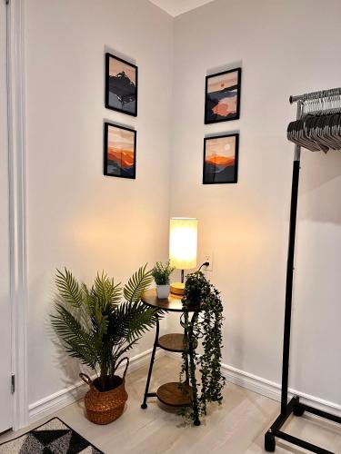 ウィンザーにあるThe Boho Oasisのランプと植物が備わるテーブル付きの部屋