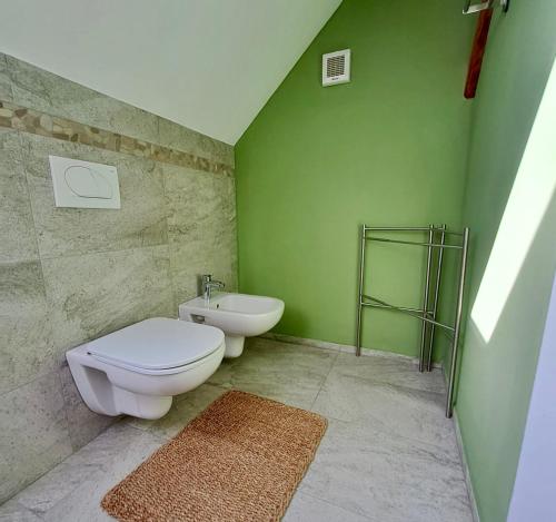 a green bathroom with a toilet and a sink at Entire Loft close to Beautiful Logar Valley in Rečica ob Savinji