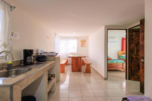 a kitchen with a sink and a living room at Hotel Boutique D Angelo in Manzanillo