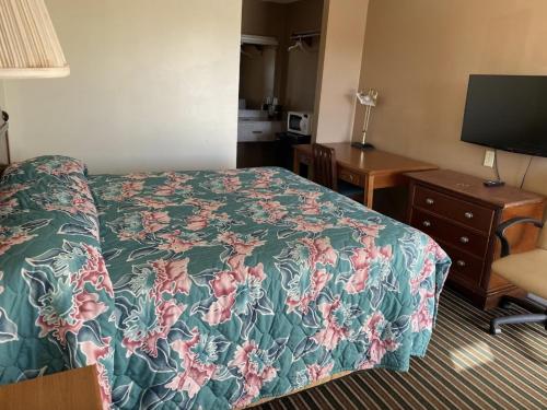 a hotel room with a bed and a desk and a television at economy inn augusta in Augusta