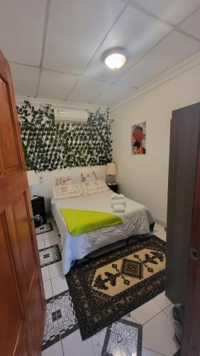 Un dormitorio con una cama con una manta verde. en Casa Luz Mi casa tu casa, en Sabanitas