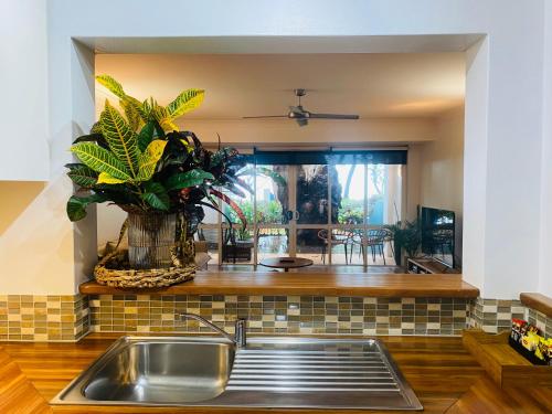a kitchen with a stainless steel sink and a table at BeachView Apartments at Villa Paradiso in Palm Cove