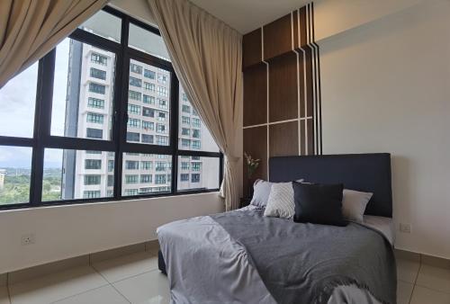 a bedroom with a bed and a large window at Luxurious Rustic Suite Conezion Botanical Garden IOI City Mall Putrajaya 5 plus 1 Paxs 3 Rooms 2 Baths in Putrajaya