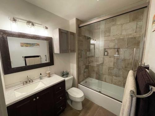 a bathroom with a toilet and a sink and a shower at Cherry Street Star in Bandera