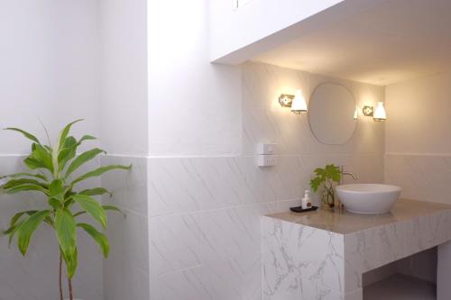 チェンマイにあるInn Oon Villaのバスルーム(シンク、鏡、植物付)