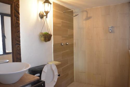 a bathroom with a shower with a toilet and a sink at Monkstel Puebla in Momoxpan