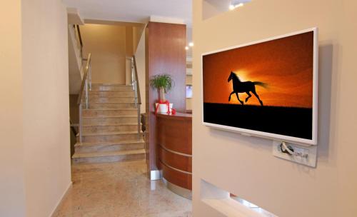 a tv hanging on a wall with a horse on it at Hotel Vlaho in Skopje