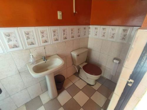 ein kleines Bad mit WC und Waschbecken in der Unterkunft Departamento Independiente Carnaval Oruro 2023 in Oruro