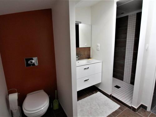 une salle de bain avec toilettes, lavabo et douche dans l'établissement Maison Moderne Proche Port La Cotinière – 4 Pers, Jardin, Terrasse, Plages à Proximité - FR-1-246A-109, à Saint-Pierre-dʼOléron
