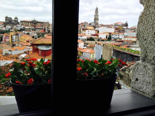 two plants on a window sill with a view of a city at Urban Apartment Casa da Portela in Porto