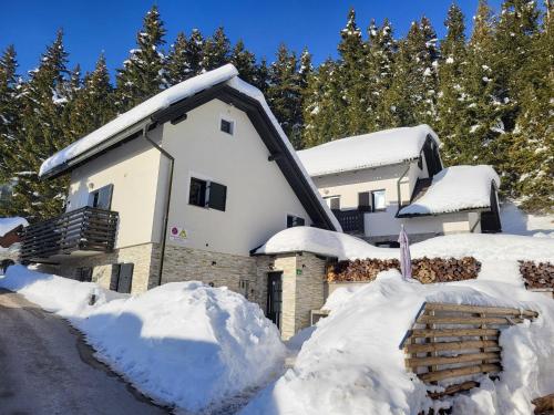 a house covered in snow with trees in the background at Holiday house Nune in Zreče