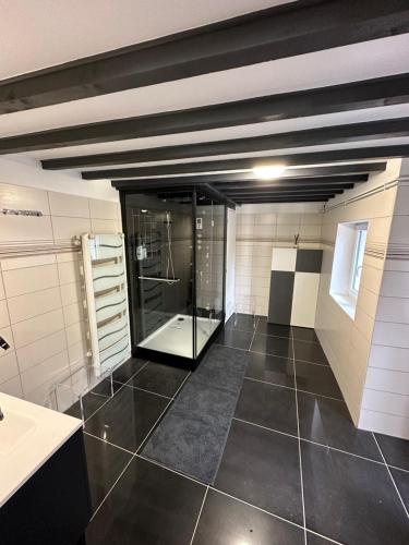 a bathroom with a shower and a tile floor at Le cocoon in Forges-les-Eaux