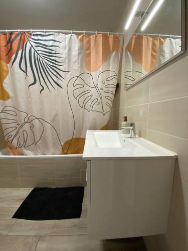 une salle de bain avec un lavabo et un rideau de douche dans l'établissement Appartement avec terrasse, à Cannes