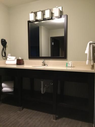 a bathroom with a sink and a mirror at Baymont by Wyndham College Station in College Station