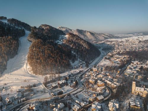 an aerial view of a city with a river at Szczawnica Park Resort & Spa in Szczawnica
