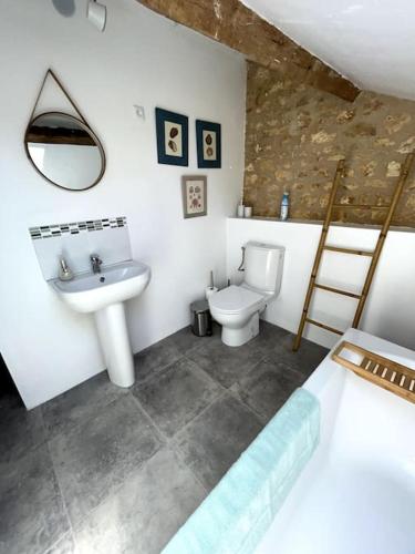une salle de bain avec un lavabo, des toilettes et un miroir dans l'établissement Maison d'Amis Des Hirondelles, à Lempzours