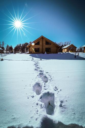 a footprints in the snow in front of a house at Vila Elis in Veľká Lomnica