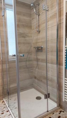 a shower with a glass door in a bathroom at Pension Holl und Boll Am Hexenstieg. in Clausthal-Zellerfeld