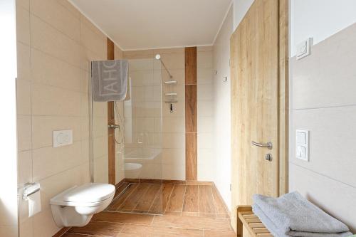 a small bathroom with a toilet and a shower at Apartments Panoramablick in Mettlach