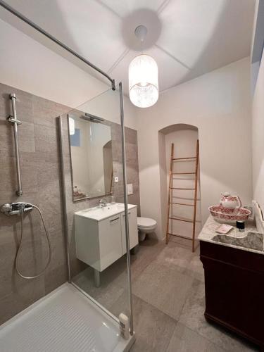 a bathroom with a shower and a sink and a toilet at Maison d'Americains Lapedina in Pietracorbara
