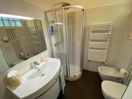 a bathroom with a sink and a shower and a toilet at Gardenia in Oggebbio